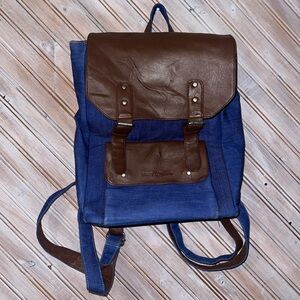 Vogue Flair Vintage Brown and Blue Denim Backpack with Leather Top Designer